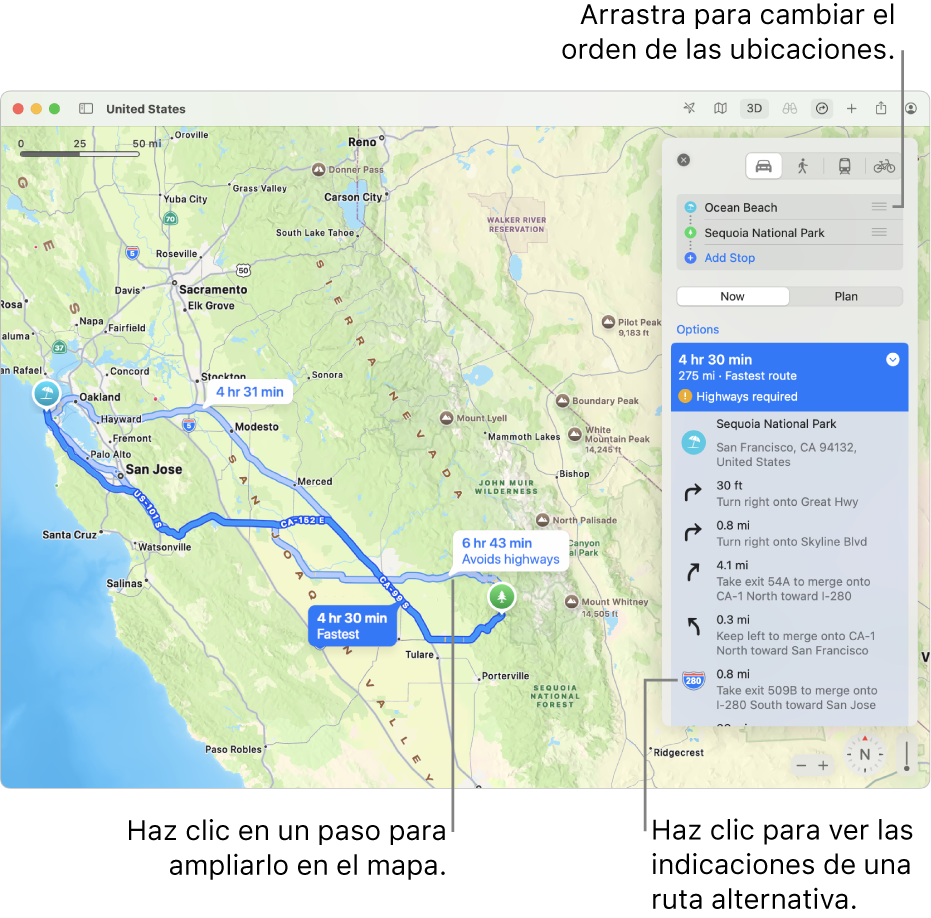 Un mapa del área de San Francisco con indicaciones para llegar de un sitio a otro en coche. El mapa también muestra rutas alternativas.