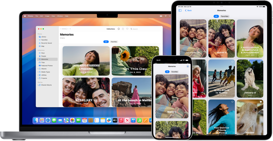 An iPhone, MacBook, and iPad all showing memories from the same photo library.