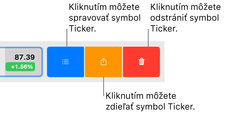 Tlačidlá Spravovať, Zdieľať a Odstrániť, ktoré sa zobrazia, keď vyberiete symbol tickera v zozname akcií a potiahnete prstami doľava.