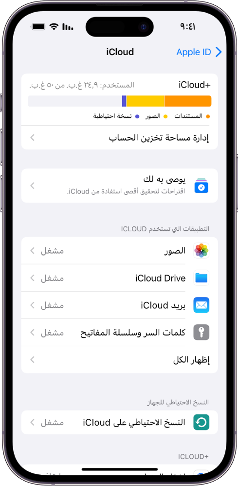 شاشة إعدادات iCloud ويظهر بها مقياس مساحة تخزين iCloud وقائمة من التطبيقات والميزات، وتشمل الصور و iCloud Drive وبريد iCloud، والتي يمكن استخدامها مع iCloud.