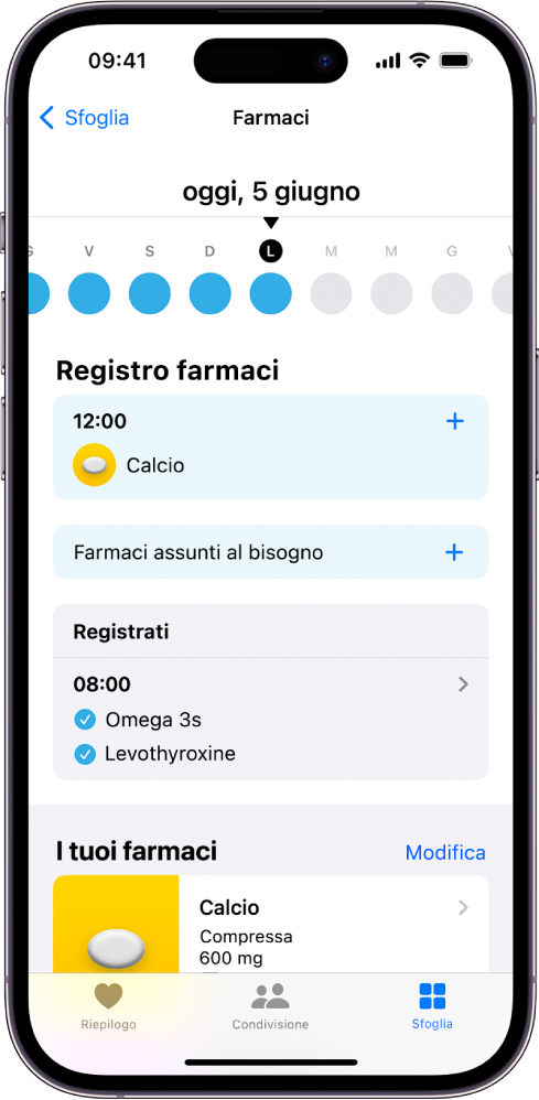 La schermata Farmaci in Salute che mostra la data e la registrazione per i farmaci.