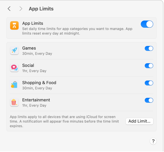 App Limits settings in Screen Time with App Limits turned on. Time limits are set up for four app categories.