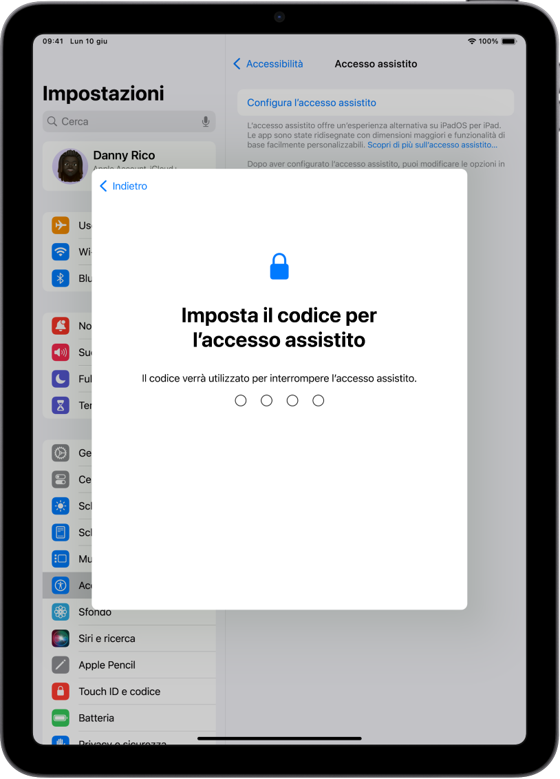 Un iPad che mostra la schermata di configurazione del codice di Accesso assistito che viene usato per avviare e interrompere la funzionalità.