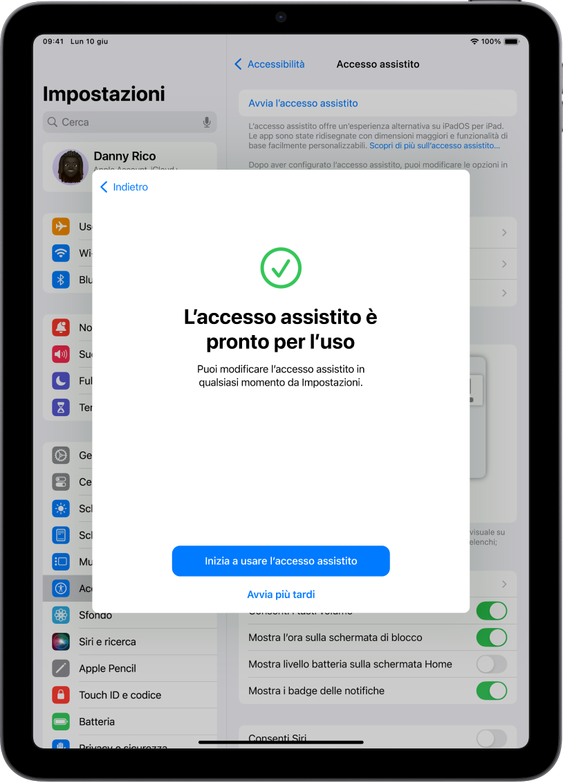 Un iPad che mostra che “Accesso assistito” è pronto per essere utilizzato, con un pulsante in basso per accedere alla funzionalità.