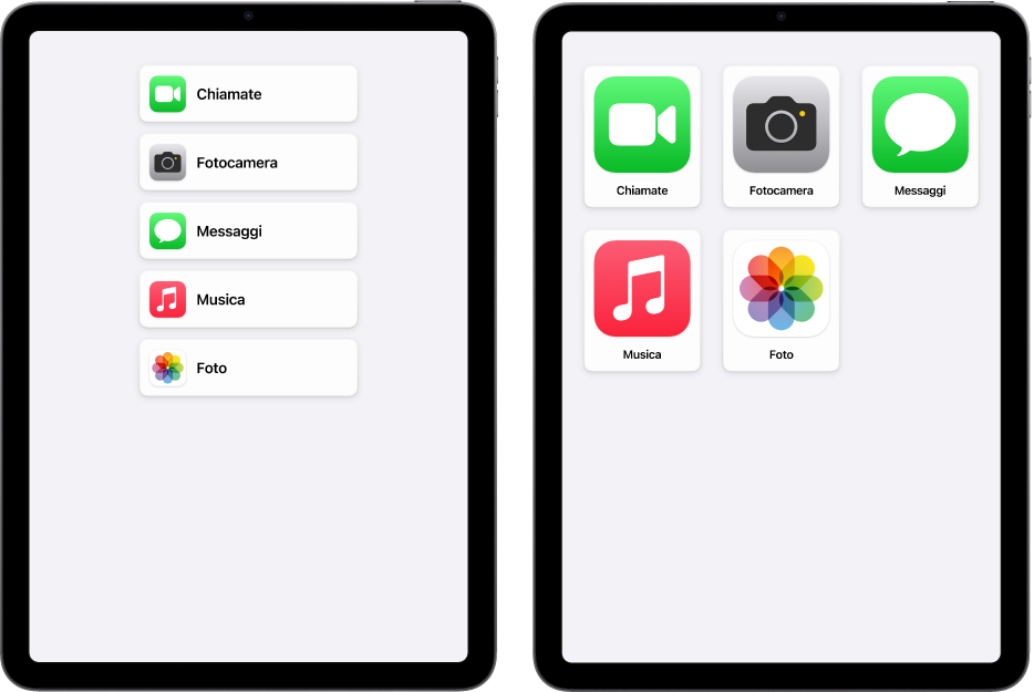 Due schermi di iPad in modalità “Accesso assistito”. Uno mostra la schermata Home con un elenco di app allineate. L’altro mostra app di dimensioni più grandi disposte in una griglia.