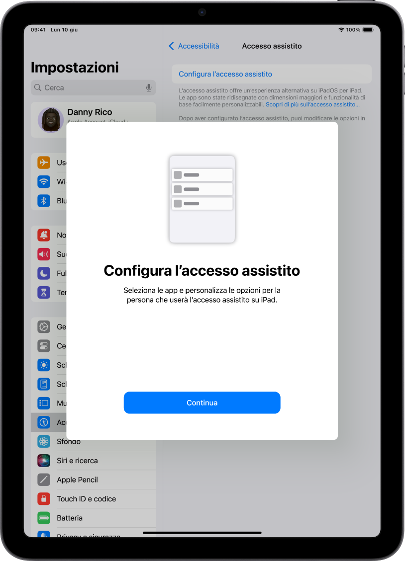 Su un iPad viene mostrata la schermata di configurazione di “Accesso assistito” con il pulsante Continua in basso.