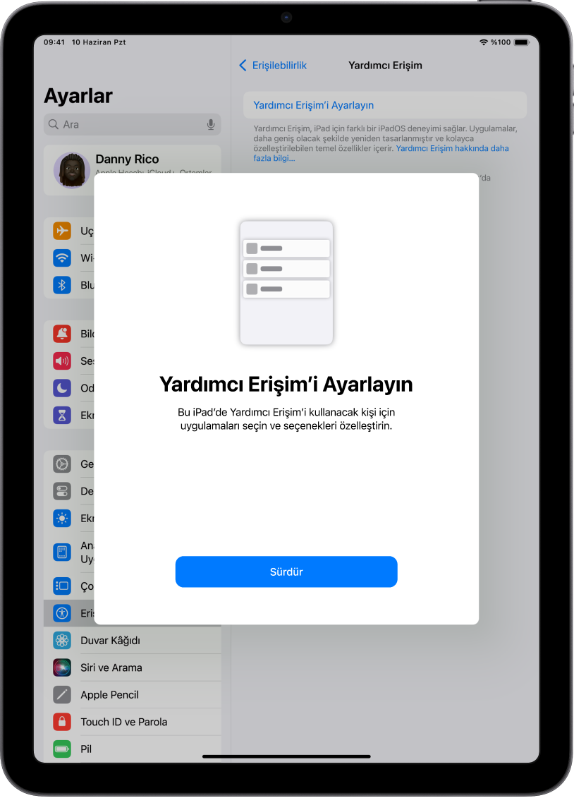 Yardımcı Erişim ayarlama ekranını ve en altta Sürdür düğmesini gösteren bir iPad.