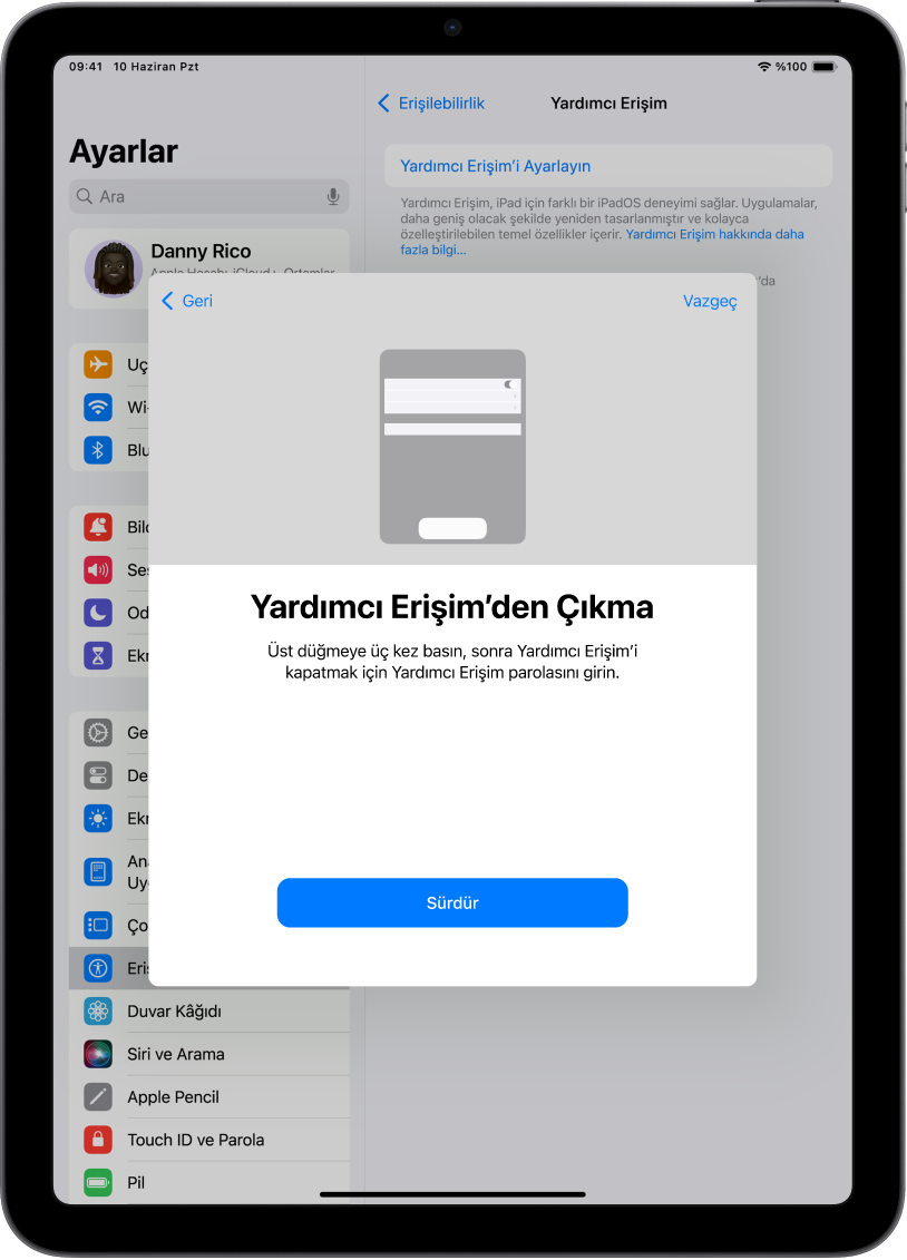 Ekranında Yardımcı Erişim’den nasıl çıkılacağını açıklayan bir iPad.