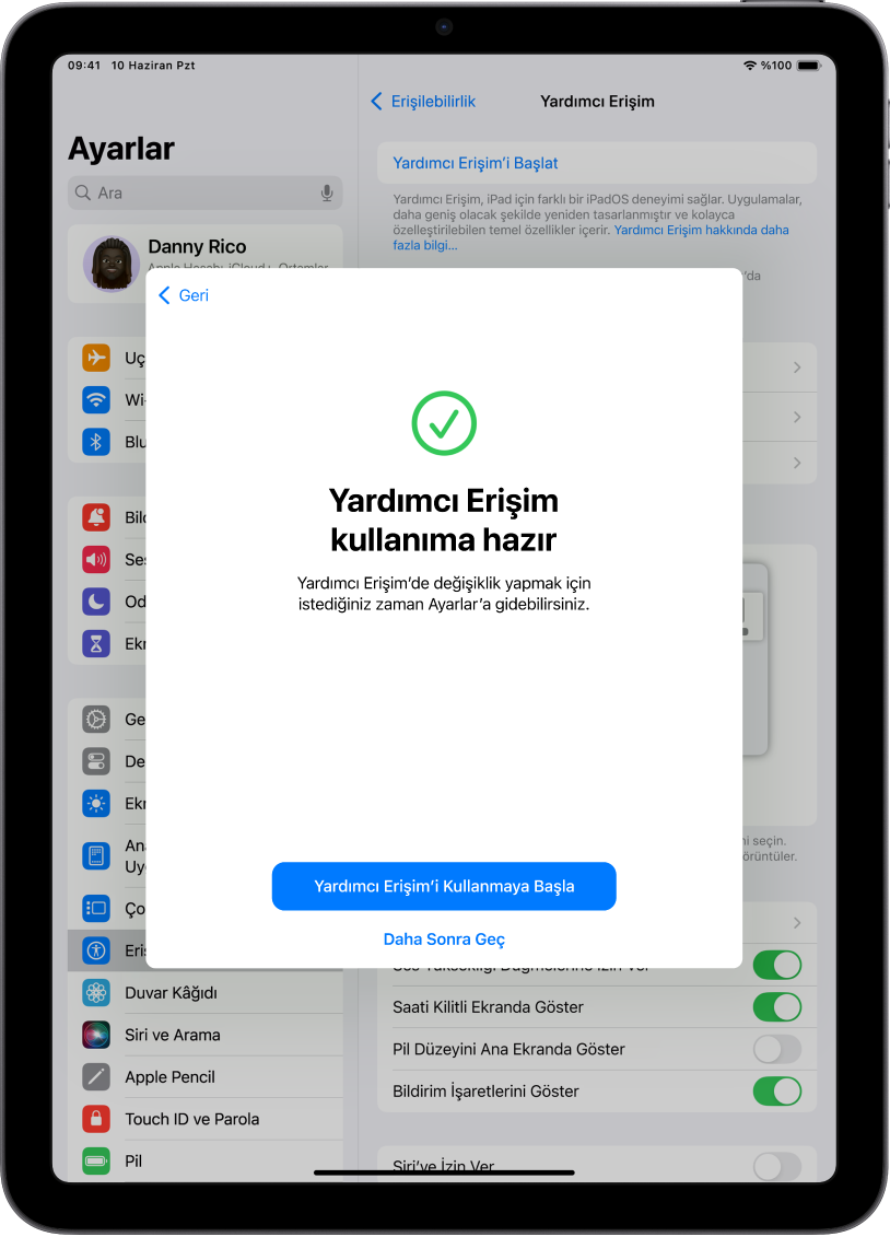 Yardımcı Erişim’in kullanıma hazır olduğunu ve en altta Yardımcı Erişim’e geçme düğmesini gösteren bir iPad.