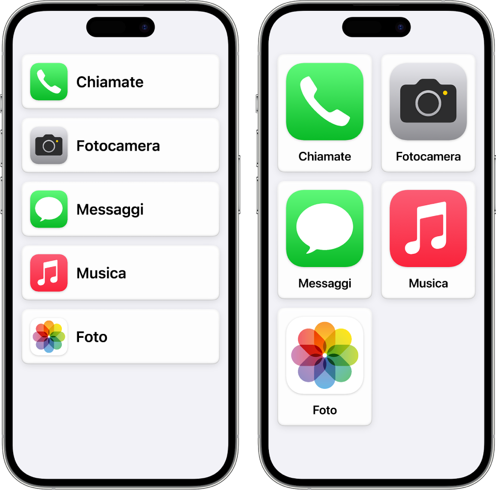 Due schermi di iPhone in modalità “Accesso assistito”. Uno mostra la schermata Home con un elenco di app allineate. L’altro mostra app di dimensioni più grandi disposte in una griglia.