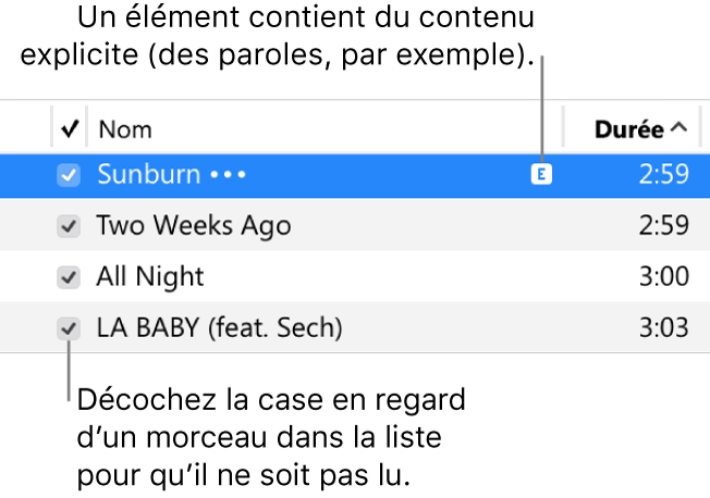 Détail de la présentation Morceaux de Musique, avec les cases à gauche et un symbole de contenu explicite en regard du premier morceau (indiquant qu’il contient des éléments explicites, par exemple, dans les paroles). Décochez la case en regard d’un morceau pour empêcher la lecture de ce dernier.