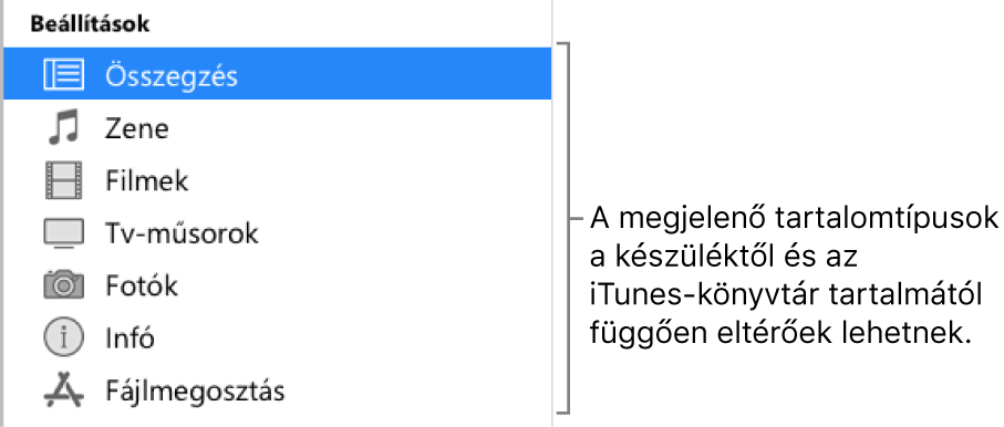Az Összegzés lehetőség van kijelölve az oldalsávon. A megjelenő tartalomtípusok az adott eszköztől és az iTunes könyvtár tartalmától függően eltérőek lehetnek.