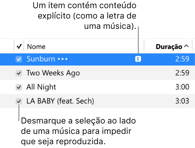 Detalhe da visualização Músicas em música, mostrando as caixas de seleção à esquerda e um símbolo de explícito na primeira música (indicando que ela possui conteúdo explícito, como a letra). Desmarque a seleção ao lado de uma música para impedir que seja reproduzida.