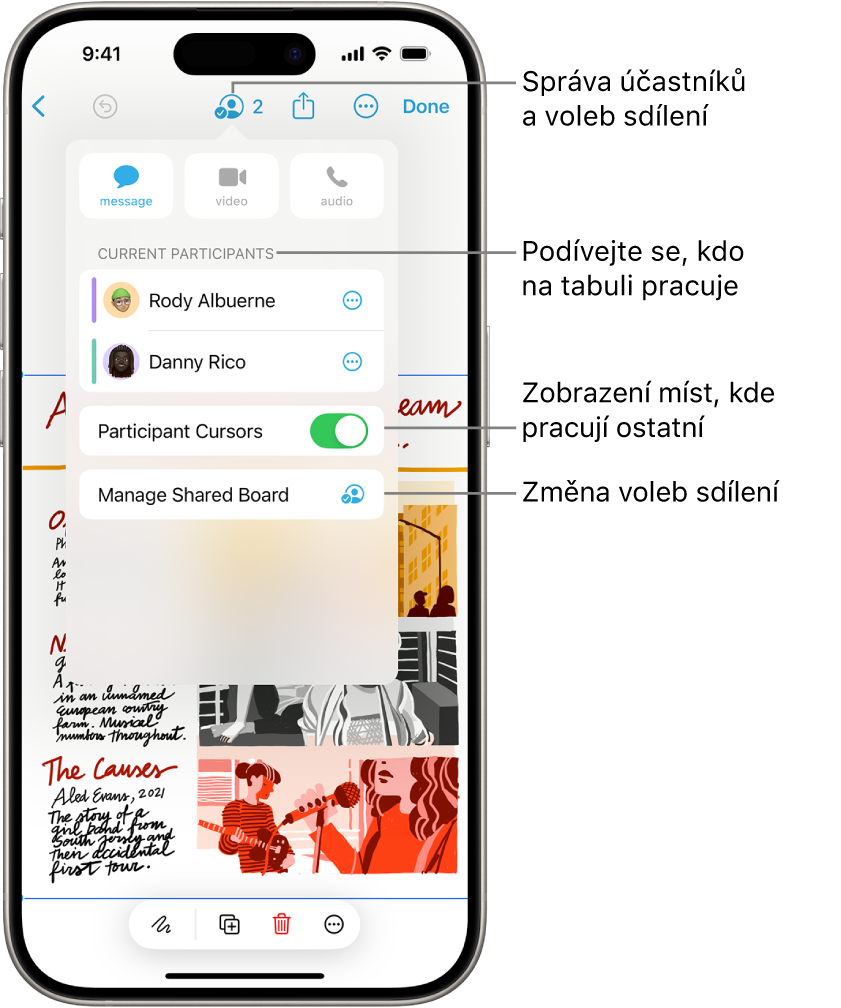 Sdílená tabule aplikace Freeform na iPhonu s otevřenou nabídkou pro spolupráci