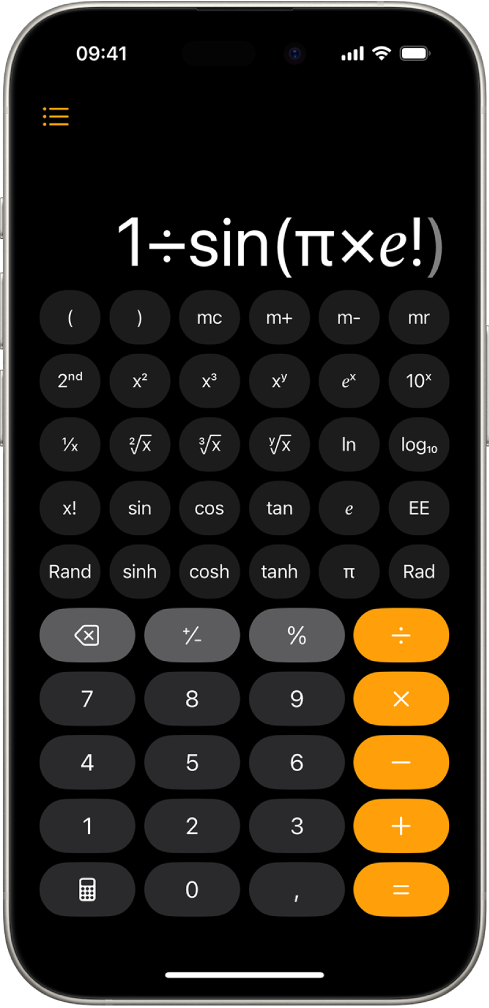 Der wissenschaftliche Taschenrechner auf dem iPhone mit Exponential-, Logarithmus- und Trigonometriefunktionen.