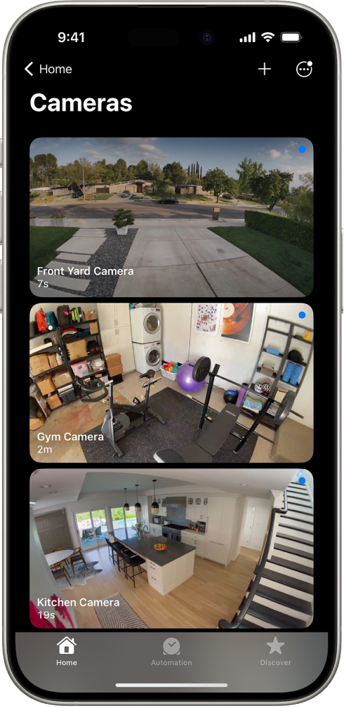 The Cameras screen, showing images from three security cameras—front yard, home gym, and kitchen. Below the name of each camera is the time passed since the image was updated. For example, the front yard camera shows that the image was last updated 7 seconds ago.