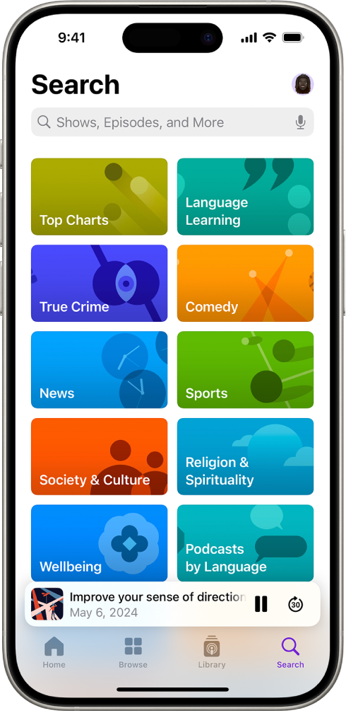 The Search screen in the Podcasts app, showing podcast categories. Near the bottom of the screen is episode artwork, the episode title, and the Pause and Skip Forward buttons. At the bottom of the screen are the Home, Browse, Library, and Search tabs.