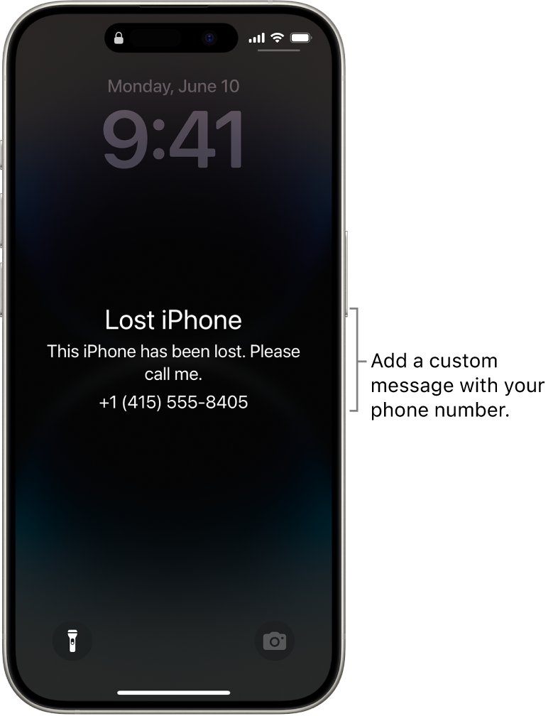 An iPhone Lock Screen with a lost iPhone message. You can add a custom message with your phone number.