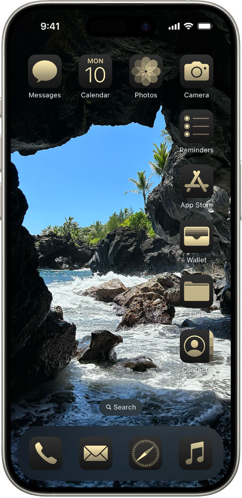 A customized Home Screen with icons tinted gold and arranged around the top and right side of the photo to frame it.