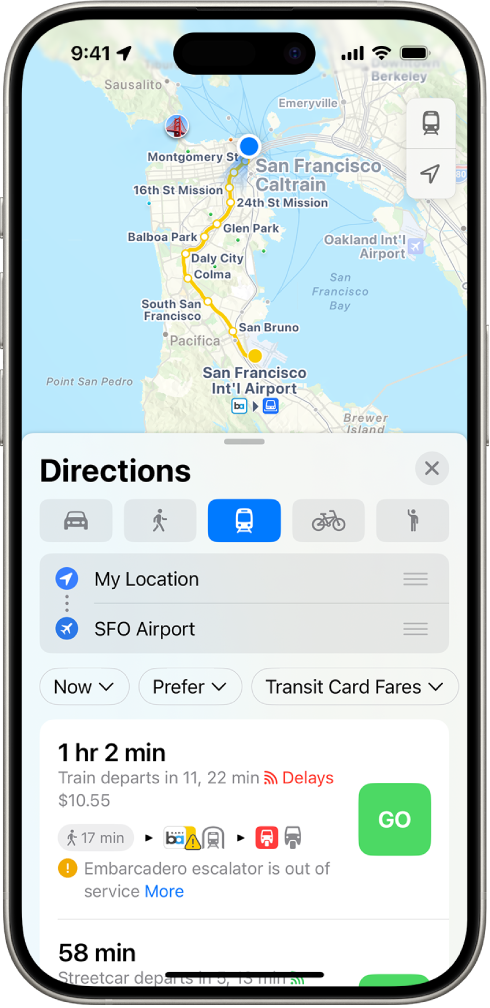 A map showing transit routes. The route card at the bottom provides details for the route, including estimated travel time and total cost. A Go button appears to the right of the details.