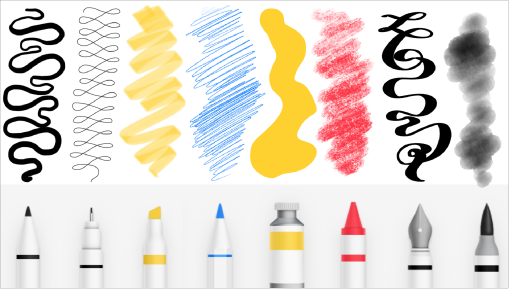 Some Freeform drawing tools and their strokes: Marker, Pen, Highlighter, Pencil, Crayon, Fountain Pen, and Watercolor Brush.