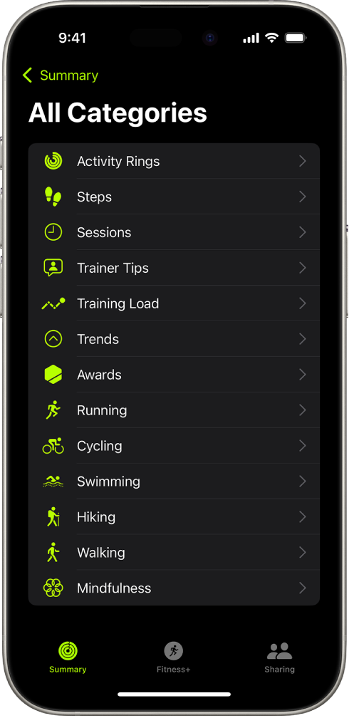 The Fitness screen showing a list of fitness categories.