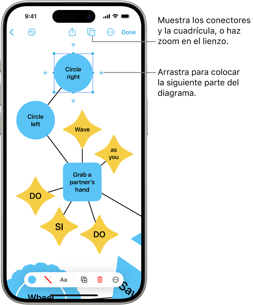 Un diagrama en un pizarrón de Freeform con conectores mostrándose en una figura seleccionada, con las herramientas de formato de figura en el área inferior de la pantalla.