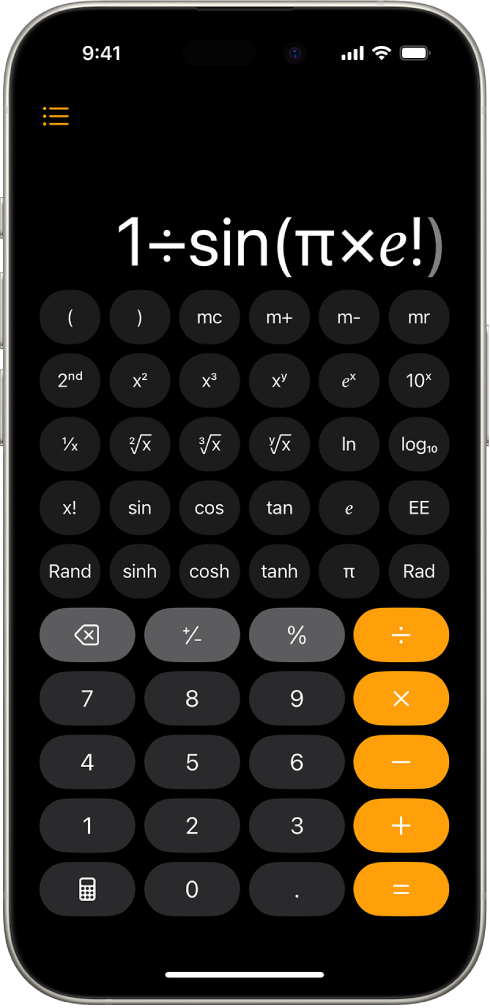 iPhone, jossa näkyvät funktiolaskimen eksponentti- ja logaritmifunktiot sekä trigonometriset funktiot.