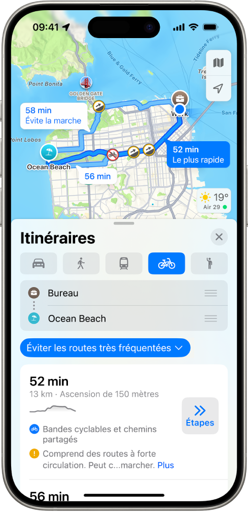 Plan indiquant les différents itinéraires possibles à vélo. La fiche de l’itinéraire se trouve dans la partie inférieure et fournit un certain nombre de détails, notamment les temps de trajet estimés, l’évolution du dénivelé ainsi que les types de routes présentes sur les différents trajets. Un bouton Aller se trouve à droite des détails.