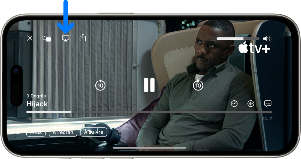 Un film en cours de lecture sur l’écran de l’iPhone. Au milieu de l’écran se trouvent les commandes de lecture. Le bouton AirPlay se trouve en haut à gauche.