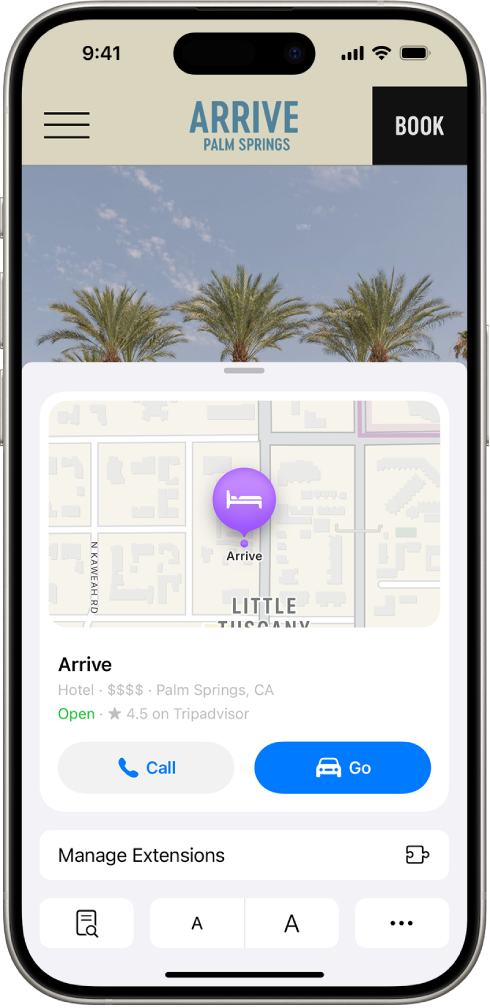 L’app Safari che mostra i contenuti in evidenza per un hotel a Palm Springs, che includono una mappa, un pulsante per chiamare l’hotel e ottenere indicazioni e un link per effettuare una prenotazione.