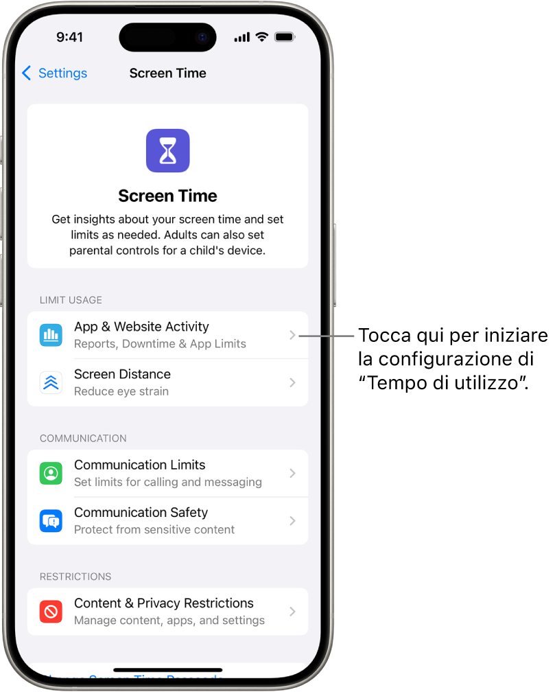 La schermata di configurazione di “Tempo di utilizzo”, con il pulsante “Attività app e siti web”.