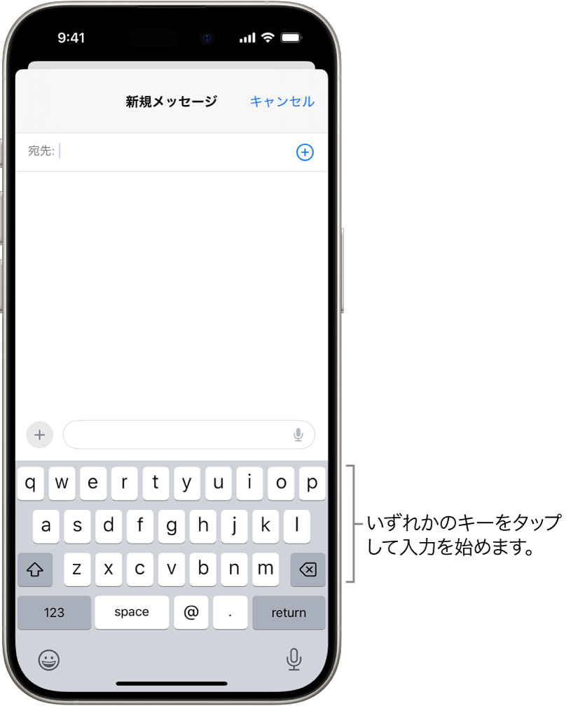 メールアプリで開いている空のメール。画面の下半分にオンスクリーンキーボードが表示されています。