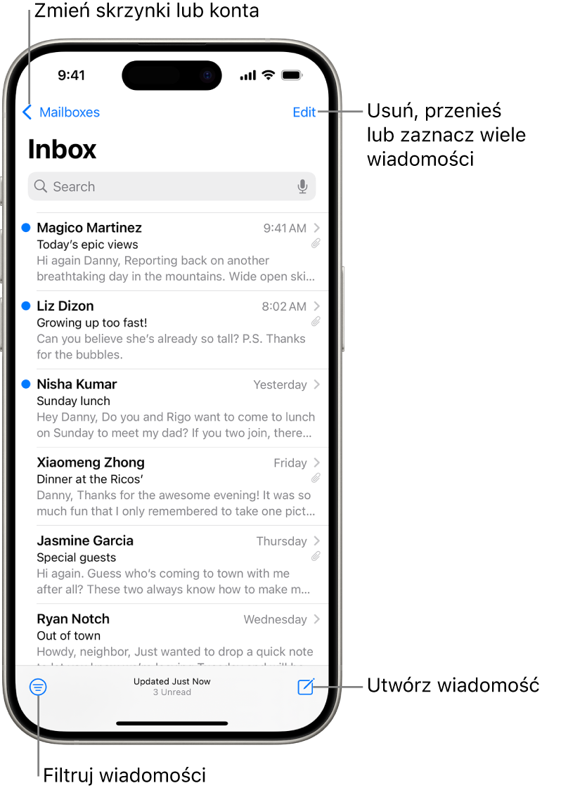Skrzynka Przychodzące w aplikacji Poczta, wyświetlająca listę wiadomości email.