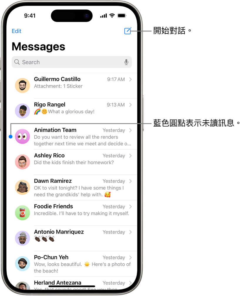 「訊息」對話列表，右上方顯示「編寫」按鈕。訊息左側的藍色圓點表示未讀。