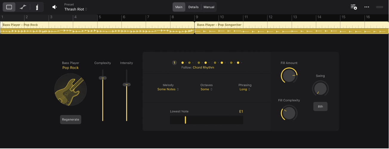 Figure. Session Player Editor showing menu bar controls, Genre button, slider controls.