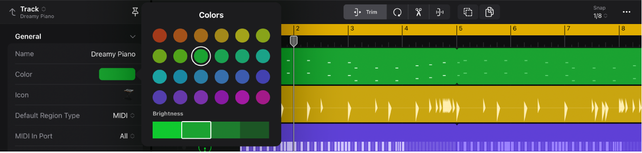 Figure. Inspector open showing Colors palette with selected track in the Tracks area.