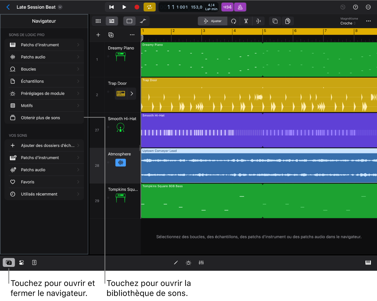 Figure. Navigateur dans Logic Pro pour iPad.