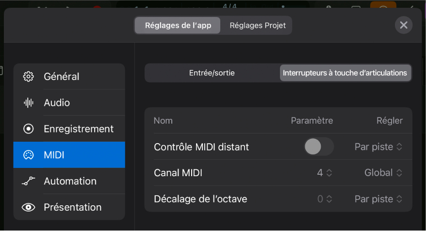 Réglages MIDI d'interrupteurs à touche d’articulations.