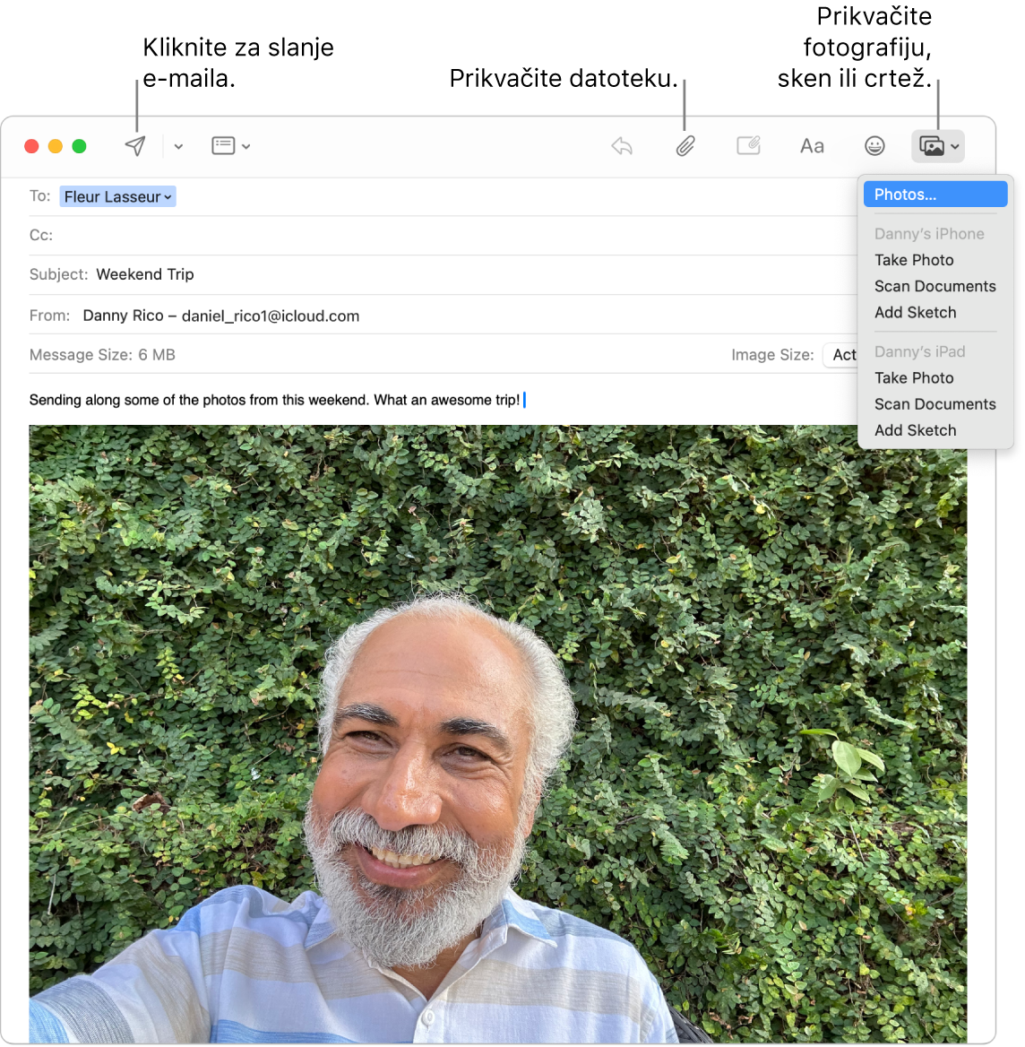 U prozoru aplikacije Mail prikazuje se skiciranje nove poruke. U skočnom izborniku prikazuju se opcije za dodavanje fotografija ili snimanje fotografije, skeniranje dokumenta ili dodavanje skice s Danijelovog iPhonea ili iPada.