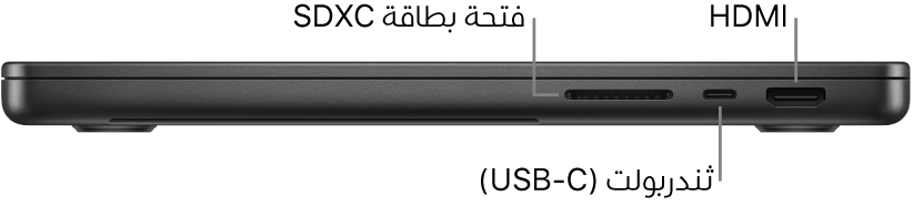 عرض للجانب الأيمن من MacBook Pro مقاس 14 بوصة مع وسائل شرح لفتحة بطاقة SDXC ومنفذ ثندربولت 4 ‏(USB-C) ومنفذ HDMI.