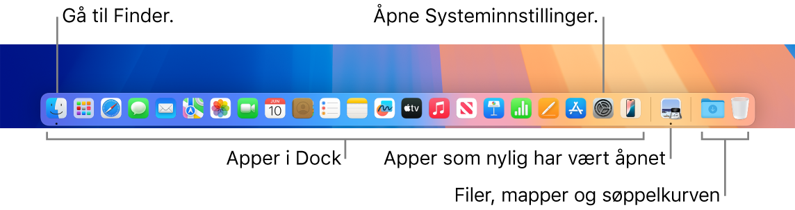 Dock, som viser Finder, Systeminnstillinger og linjen i Dock som skiller apper fra filer og mapper.