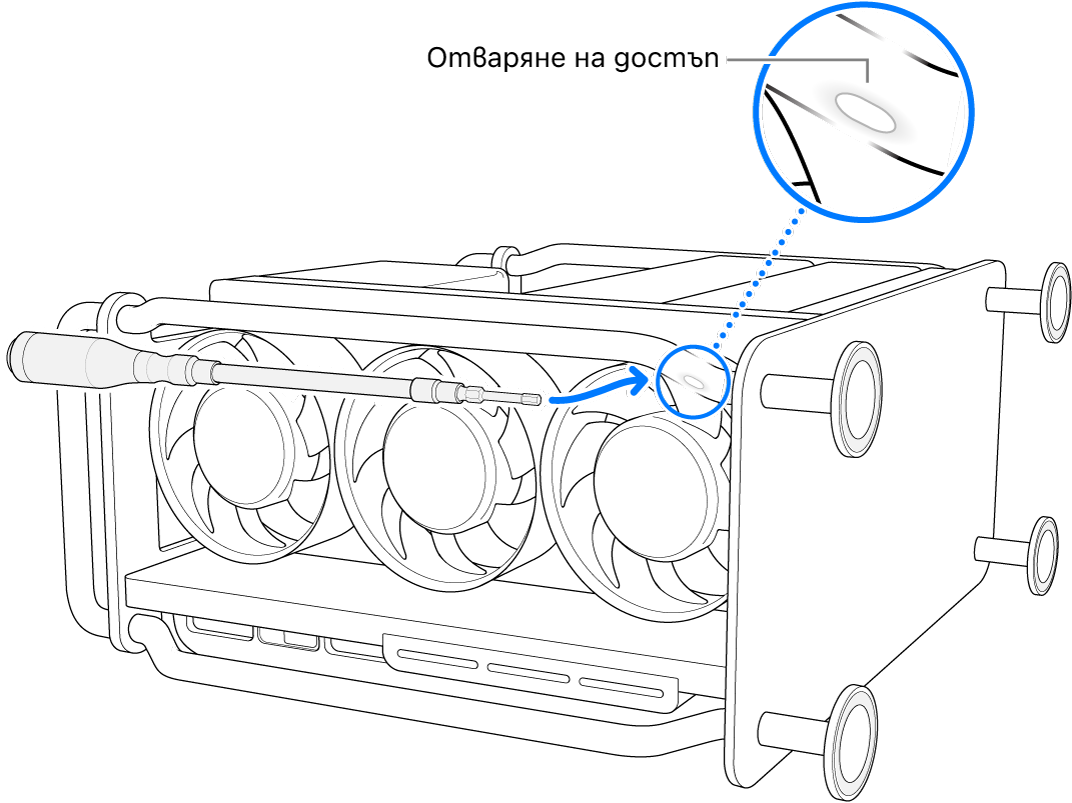 Mac Pro на една страна с отвертка с променлив ъгъл, която сочи към отвора за достъп.