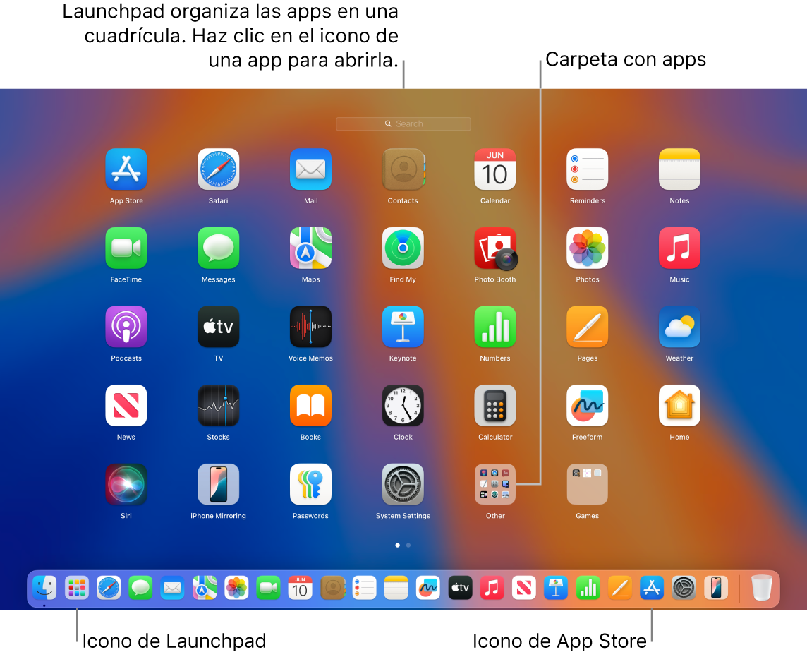 El icono de Launchpad en el Dock y una ventana abierta de Launchpad que muestra varias apps dispuestas en una cuadrícula en la pantalla de un Mac.