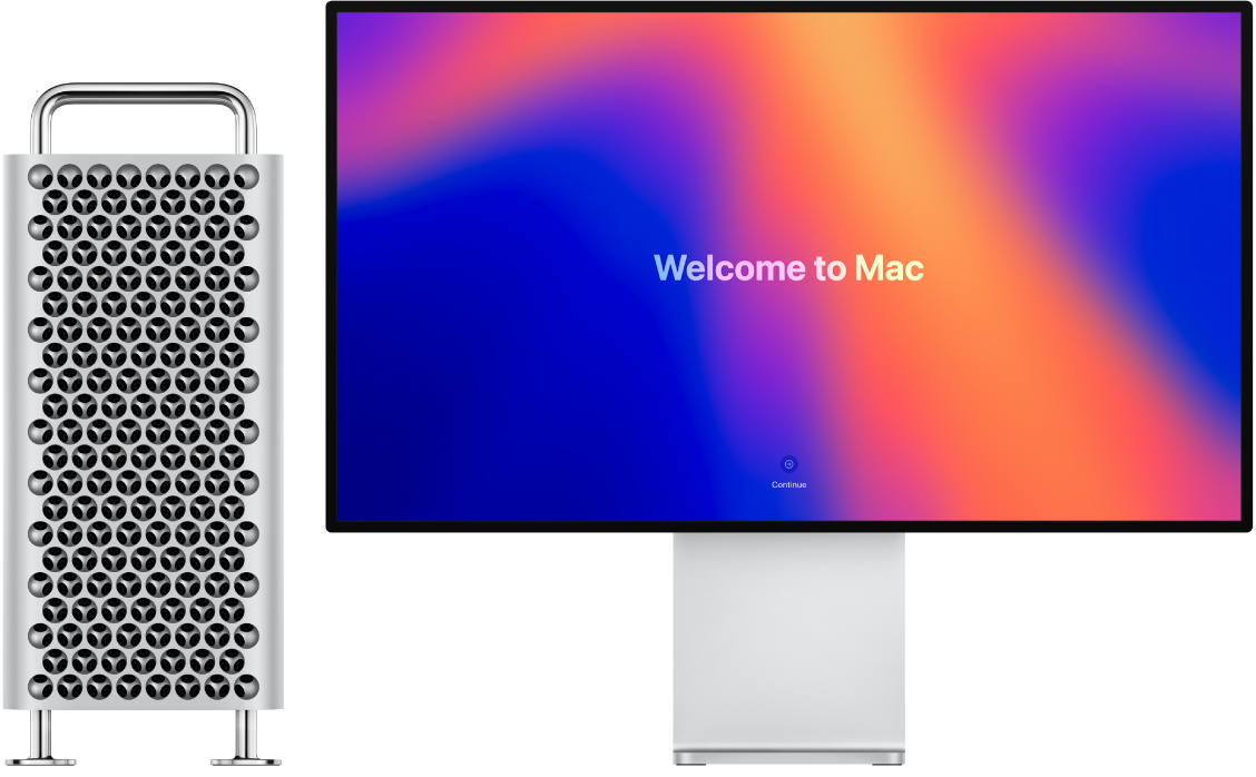 Una pantalla Pro Display XDR con un Mac Pro al lado y la palabra “Te damos la bienvenida al Mac” en la pantalla.