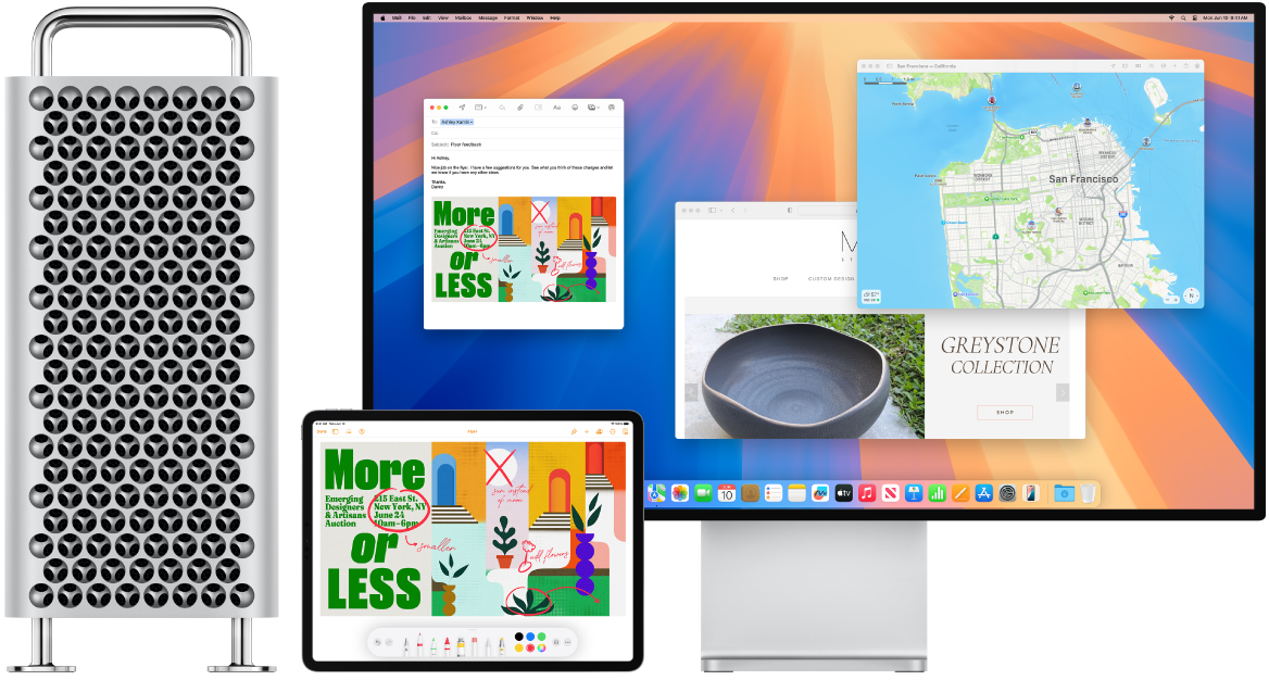 Mac ProとiPadが並んでいます。iPadの画面には、注釈が付いたチラシが表示されています。Mac Proが接続されているディスプレイには、注釈付きのチラシが添付されたiPadからの「メール」メッセージが表示されています。