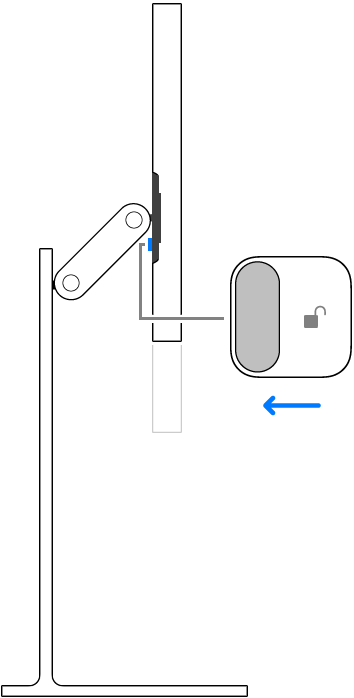 Een close-up van de vergrendeling op de magnetische connector die ontgrendeld wordt.