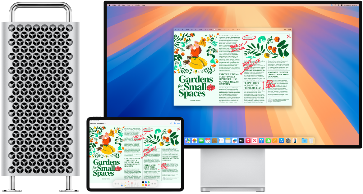 Mac Pro oraz iPad znajdujące się obok siebie. Na obu ekranach widoczny jest artykuł zawierający różne adnotacje: przekreślone zdania, strzałki i dopisane słowa. Na dole ekranu iPada wyświetlane są narzędzia oznaczania.