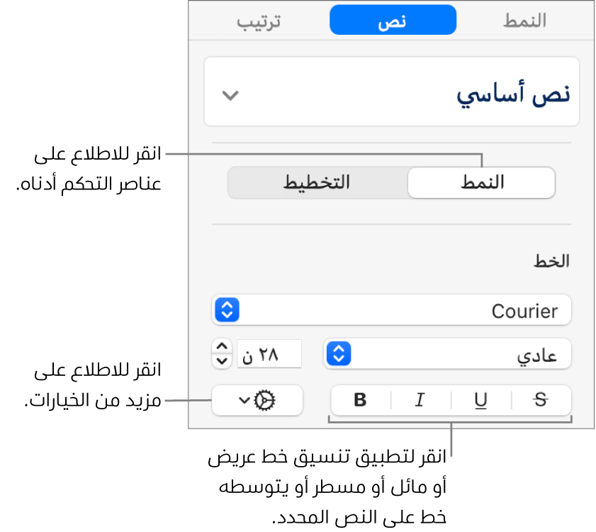 عناصر التحكم في النمط بالشريط الجانبي مع وسائل شرح للأزرار غامق ومائل وتسطير ويتوسطه خط.