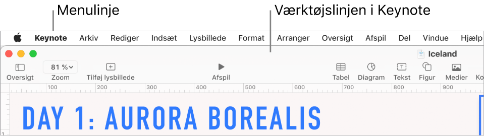 Menulinjen øverst på skærmen med menuerne Apple, Keynote, Arkiv, Rediger, Indsæt, Format, Arranger, Oversigt, Afspil, Del, Vindue og Hjælp. Under menulinjen ses en åben Keynote-præsentation med knapperne Oversigt, Zoom, Tilføj lysbillede, Afspil, Tabel, Diagram, Tekst, Figur og Medier på værktøjslinjen øverst.